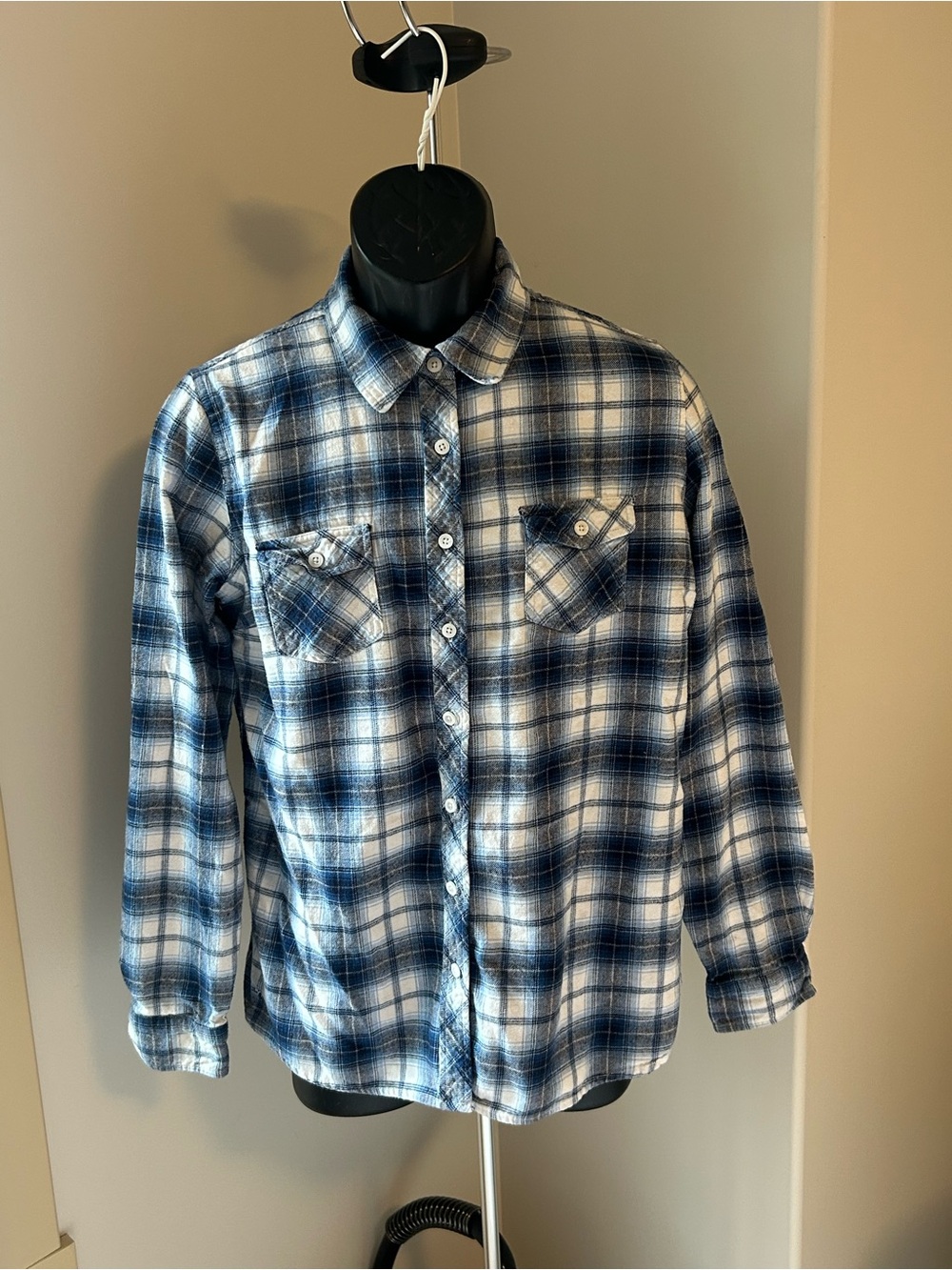 Men's Blue and White Plaid Flannel Shirt
